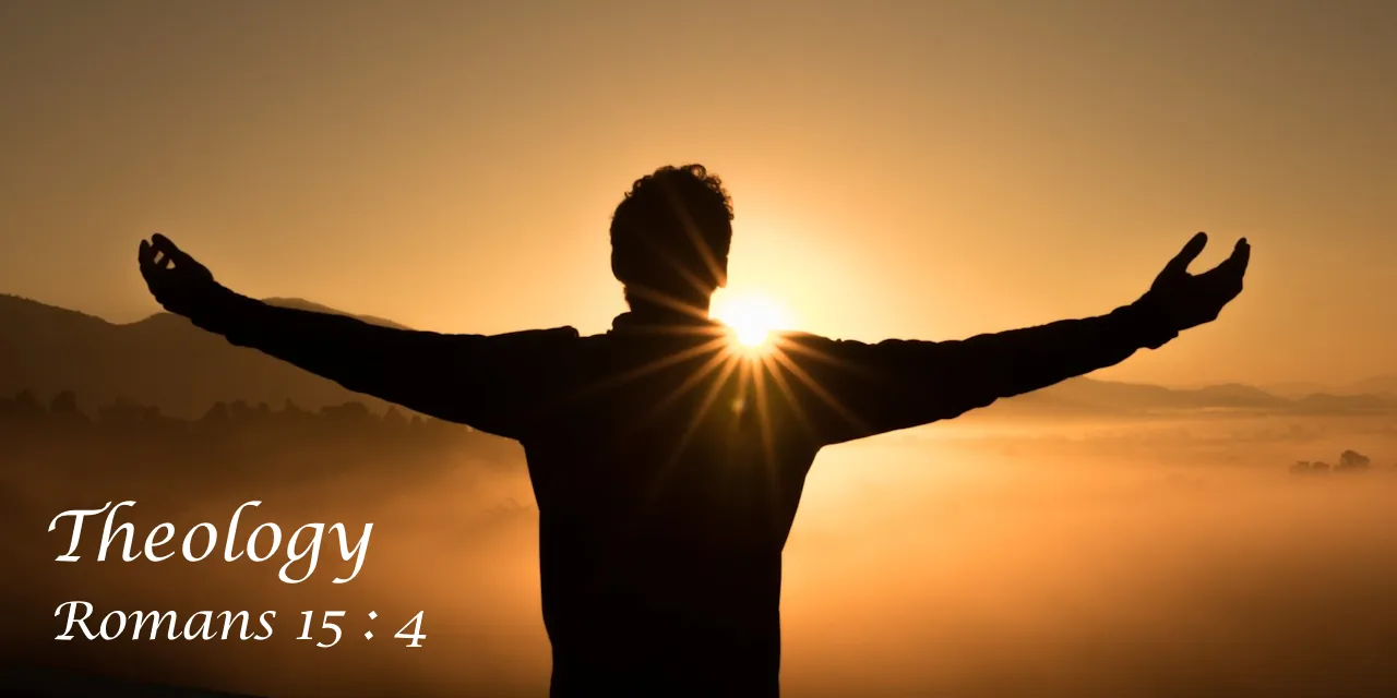 A person with arms stretched wide, in silhouette against a rising sun over misty hills. Caption: Theology, Romans 15:4. Learn about upcoming retreats and events.