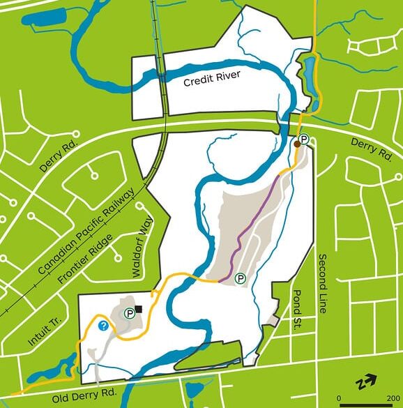 Map of Meadowvale Conservation Area showing the Credit River, trails and parking